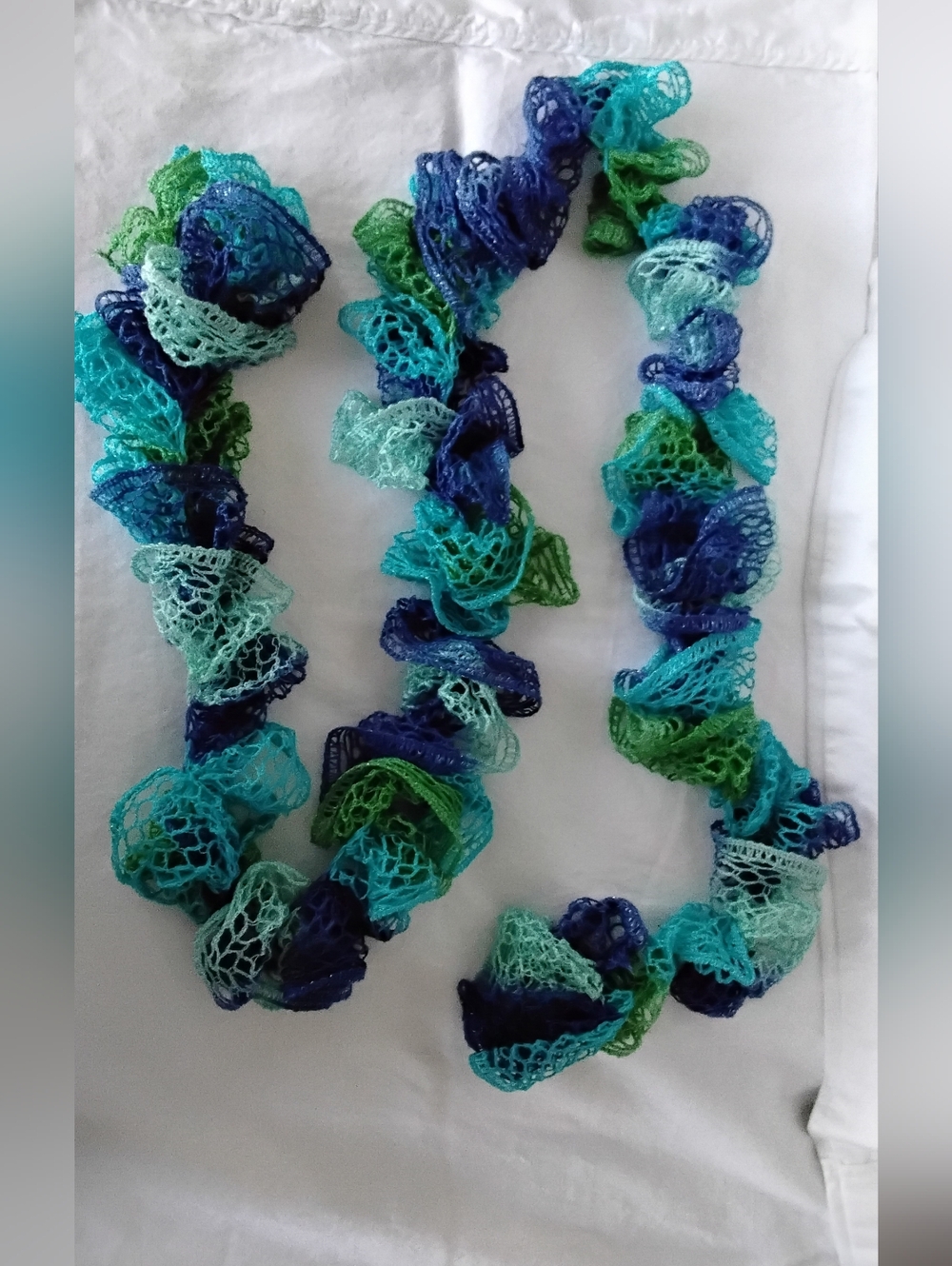 Handcrafted Ruffled Scarf in Blue & Green